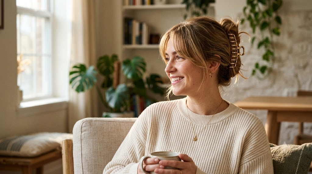Messy Claw Clip Updo with Effortless Face-Framing Bangs
